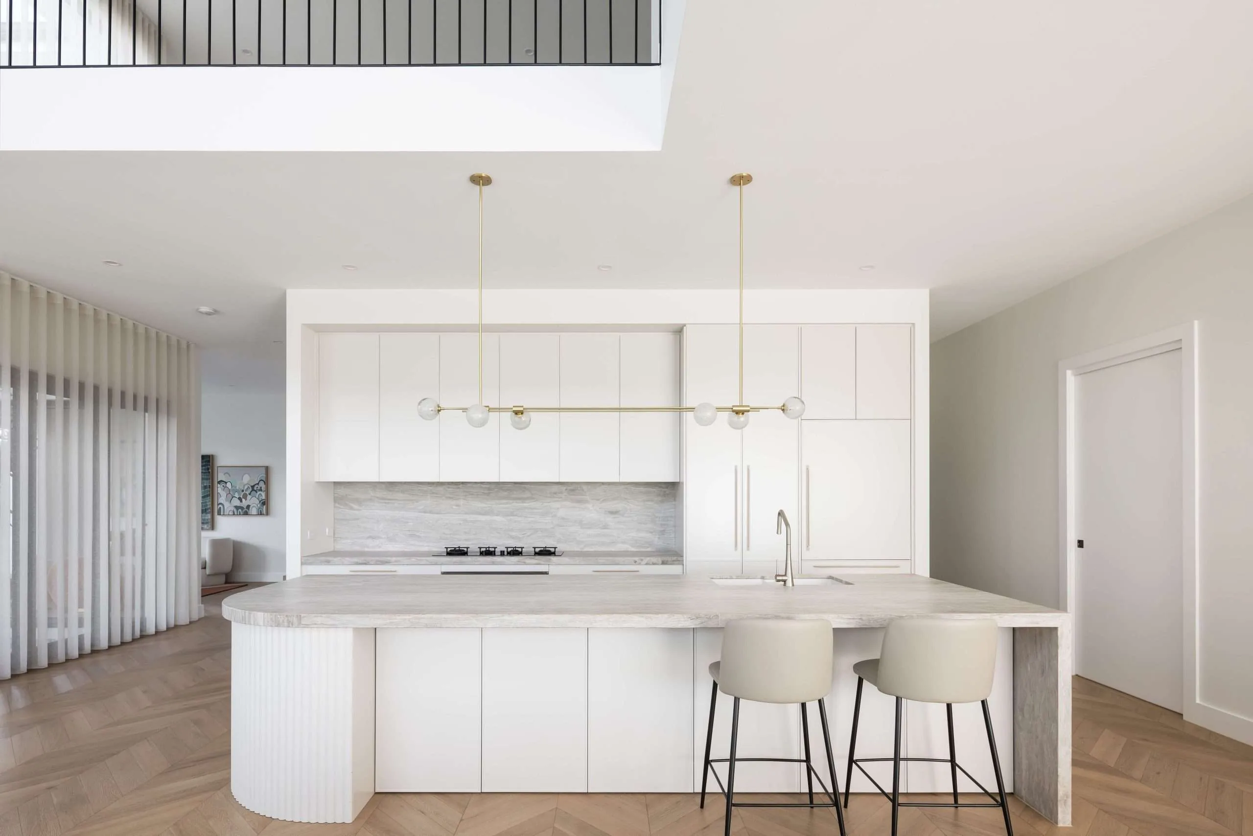 HIA Awards finalist kitchen with stone benchtops and brass pendant lighting, Kellyville custom build