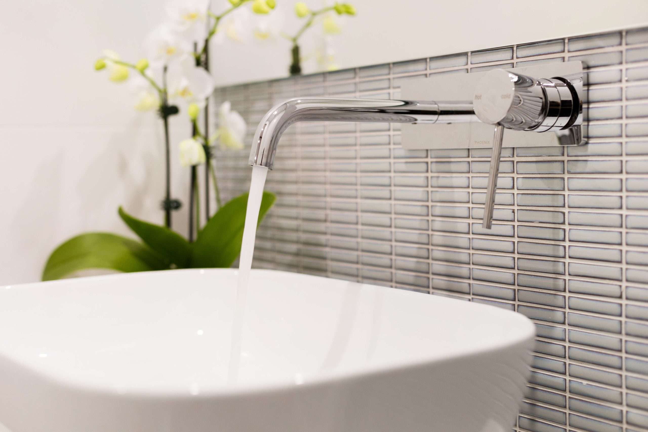 Wall-mounted tapware and mosaic tiling detail, Willowdale bathroom