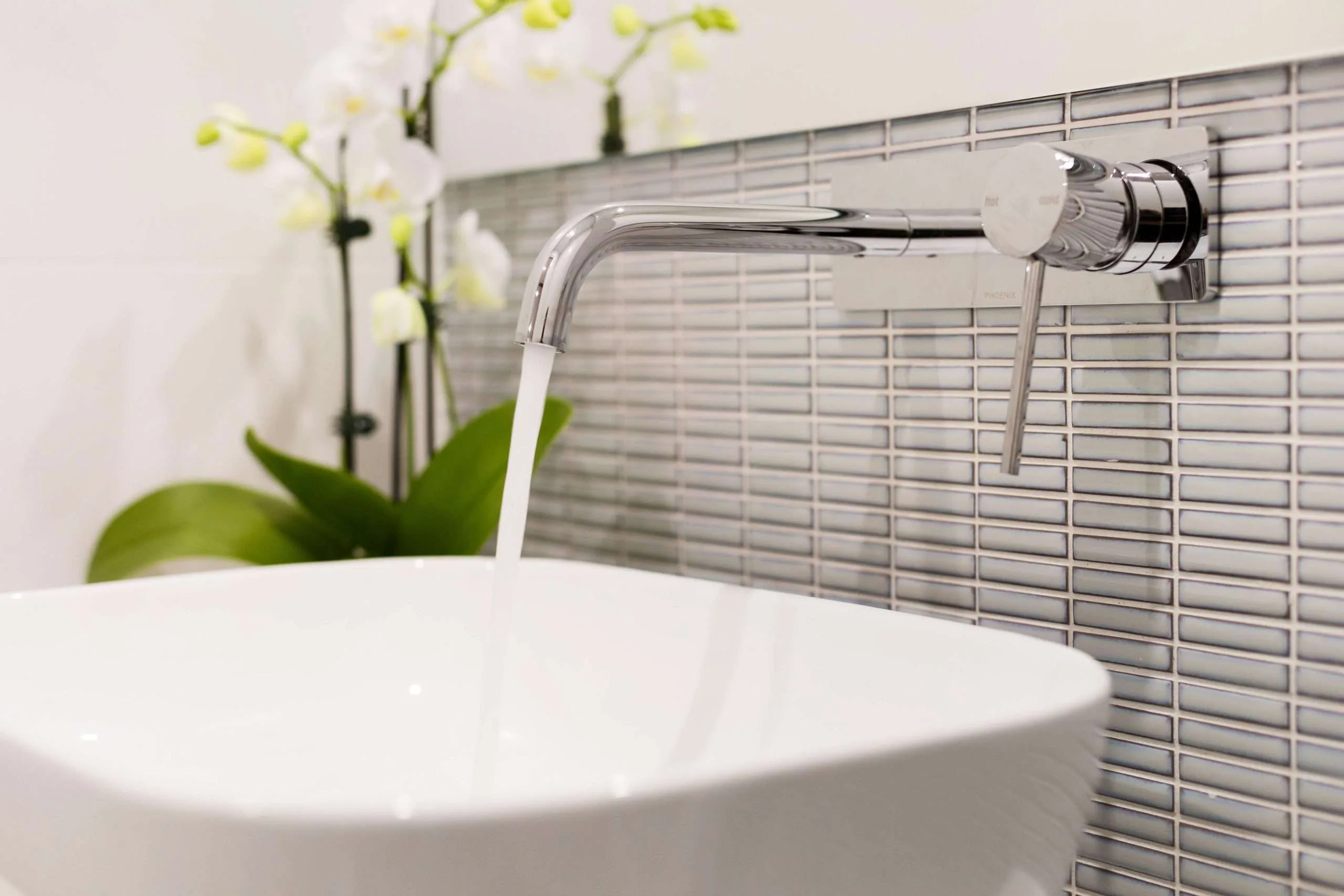 Wall-mounted tapware and mosaic tiling detail, Willowdale bathroom