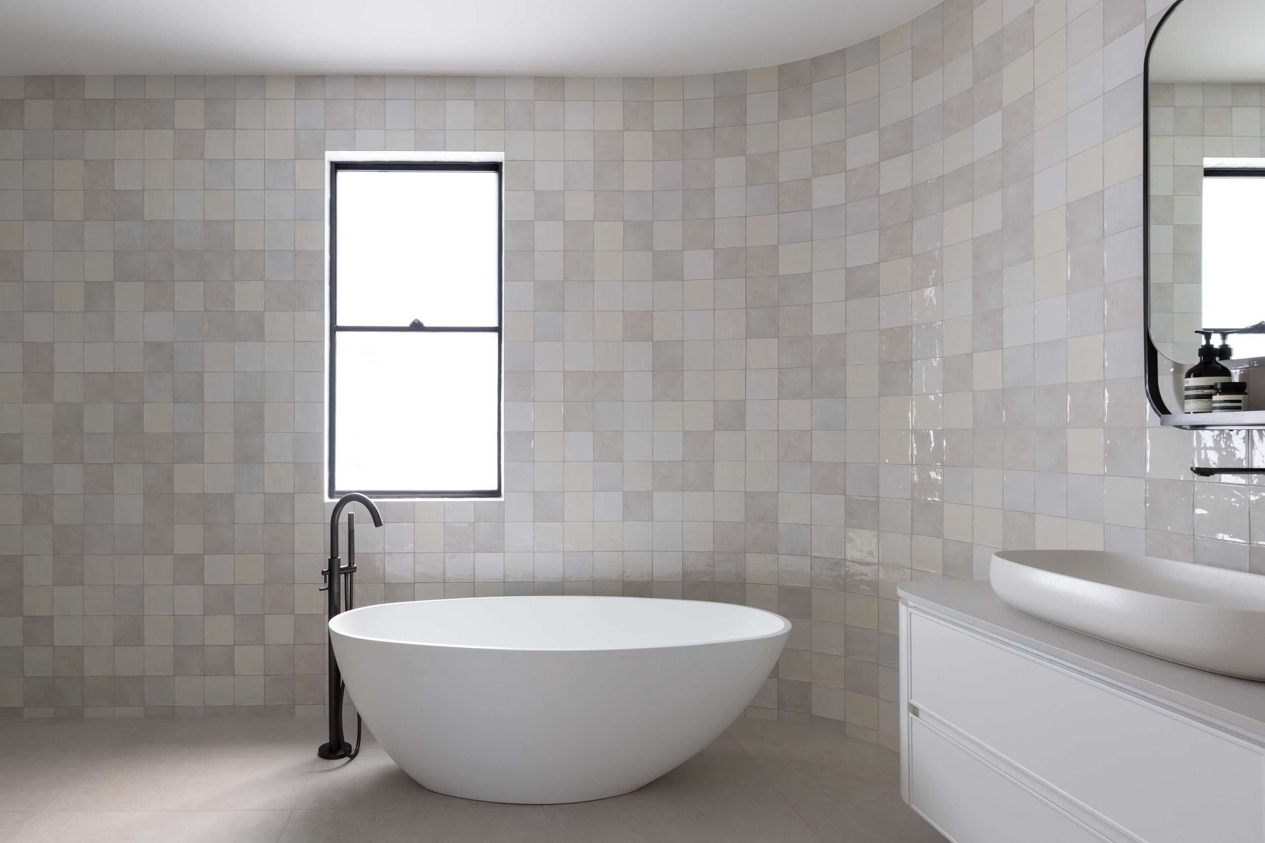 Bathroom with freestanding bath and feature tiling, Kellyville project