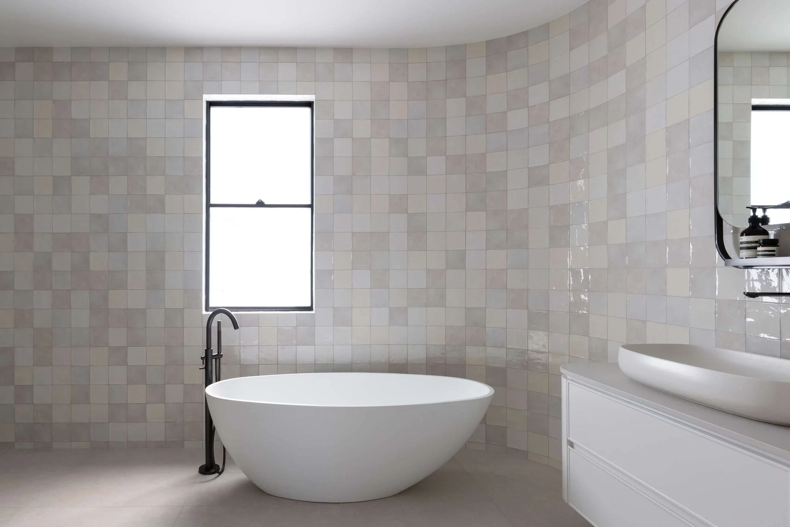 Bathroom with freestanding bath and feature tiling, Kellyville project