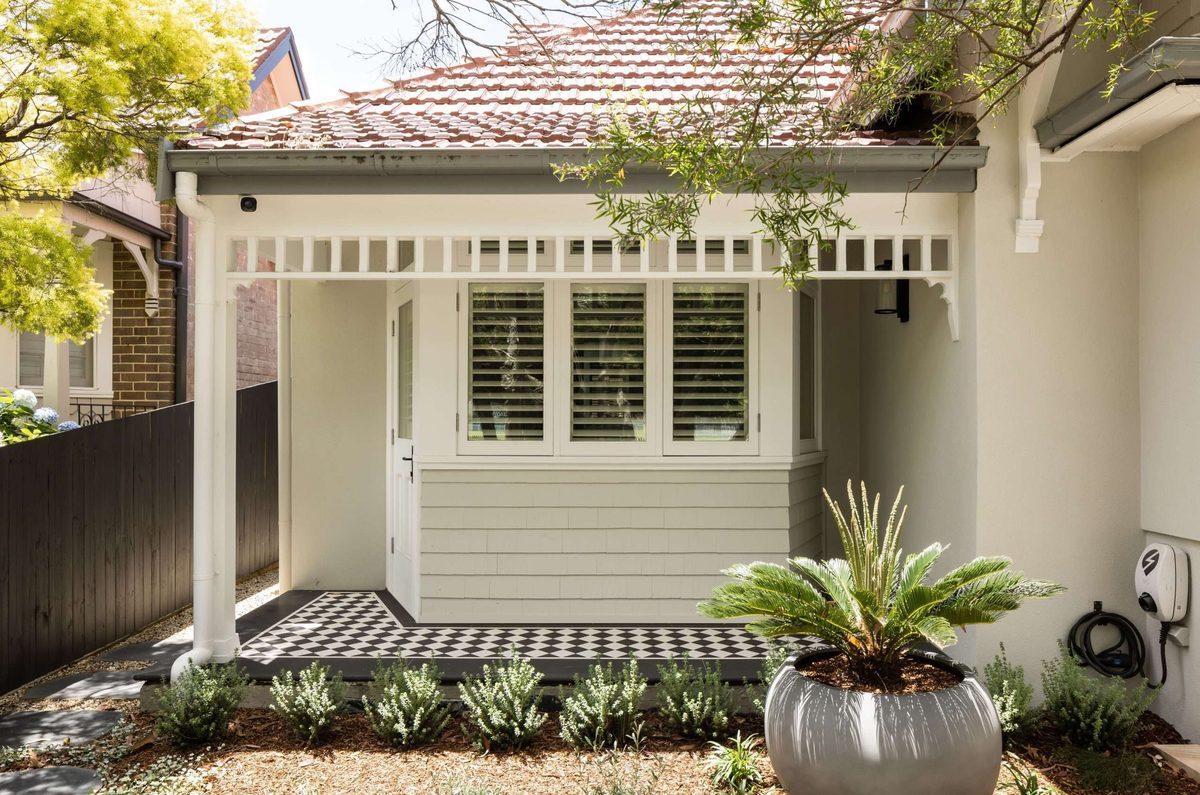 Restored heritage entry with tessellated tiles framed by new landscaping, Mosman | Refined Group