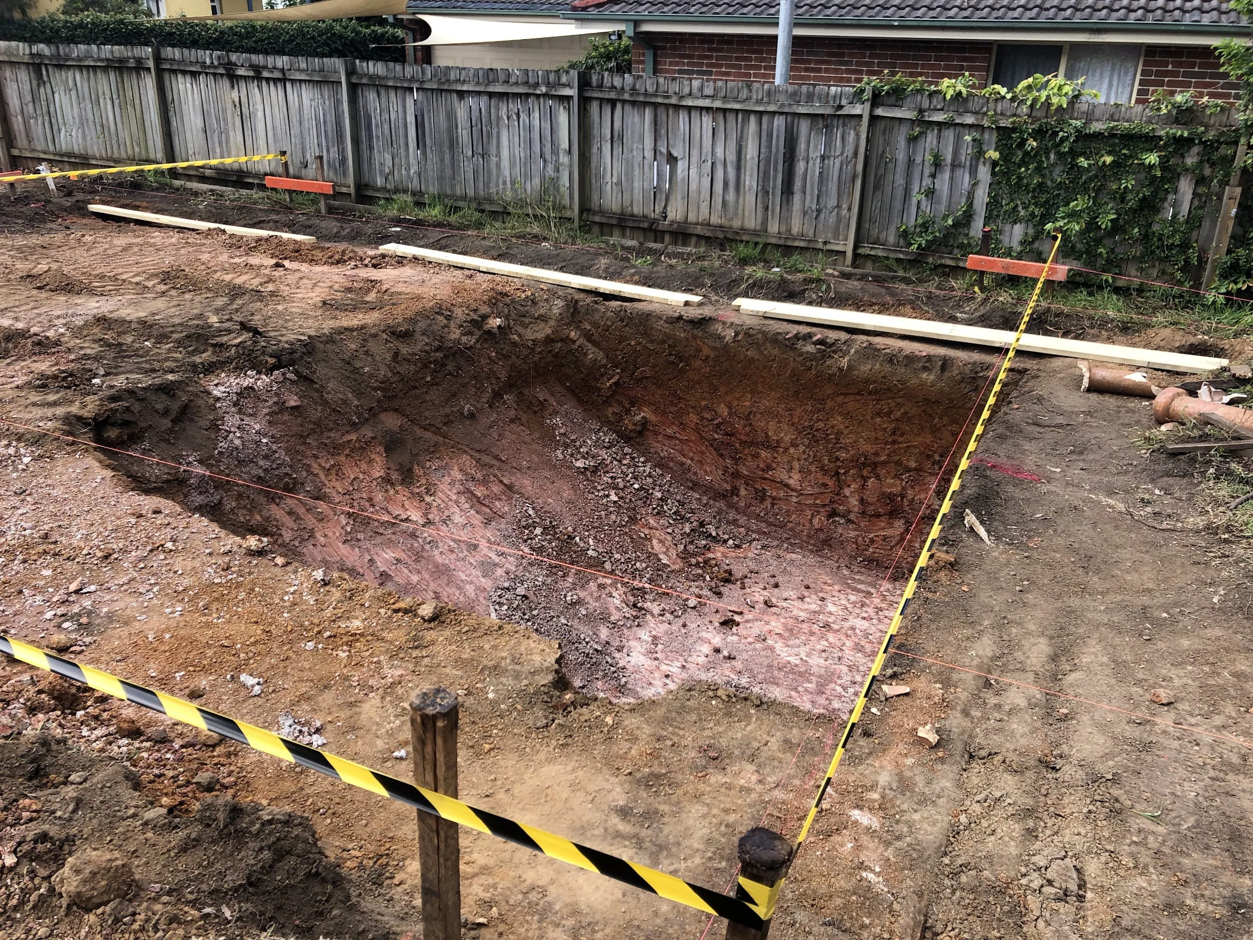 The pool excavation set out and cut into the clay, Pennant Hills