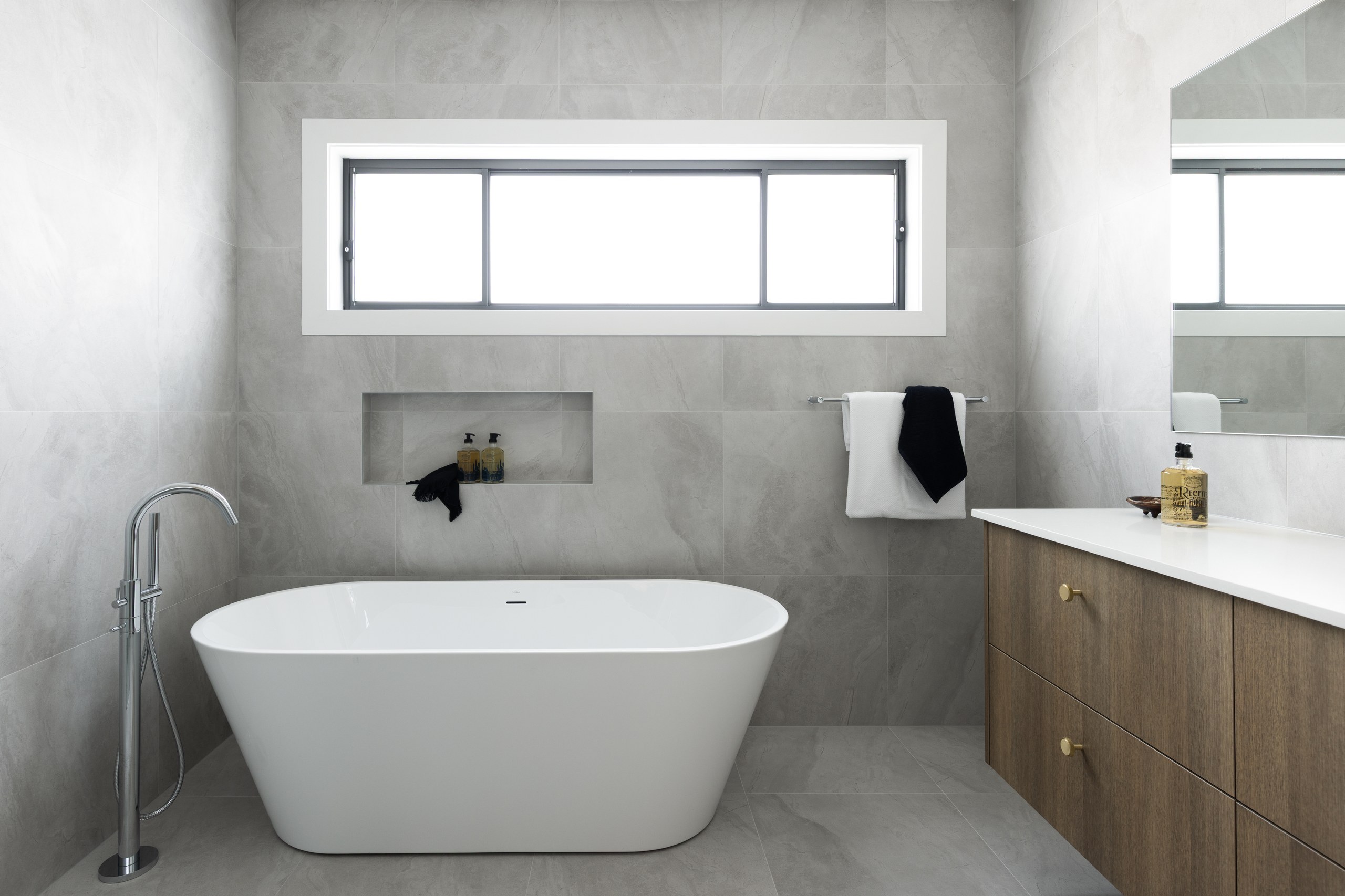 Main bathroom with freestanding bath and twin vanity, Westleigh