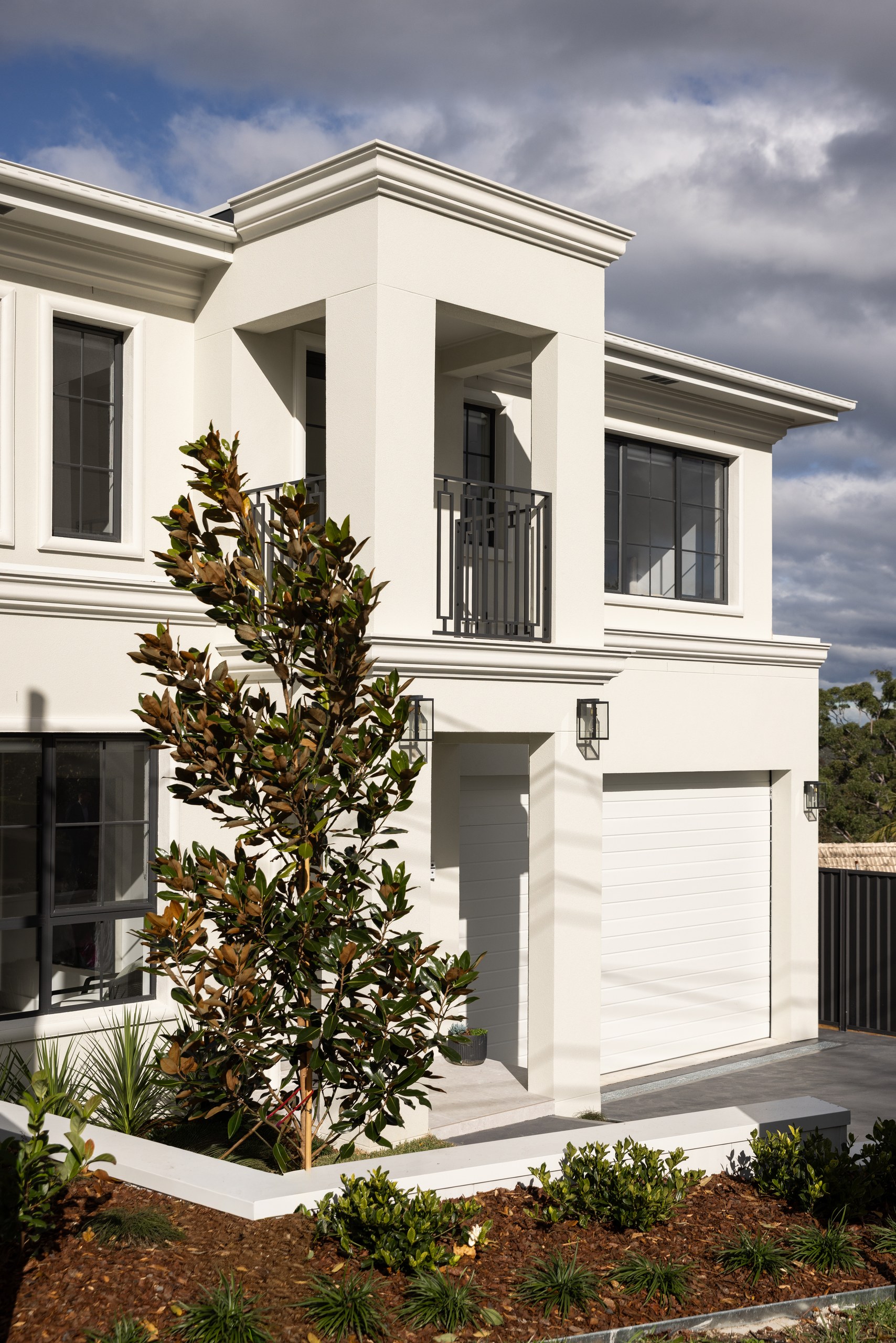 White rendered facade with feature tree, Westleigh custom home