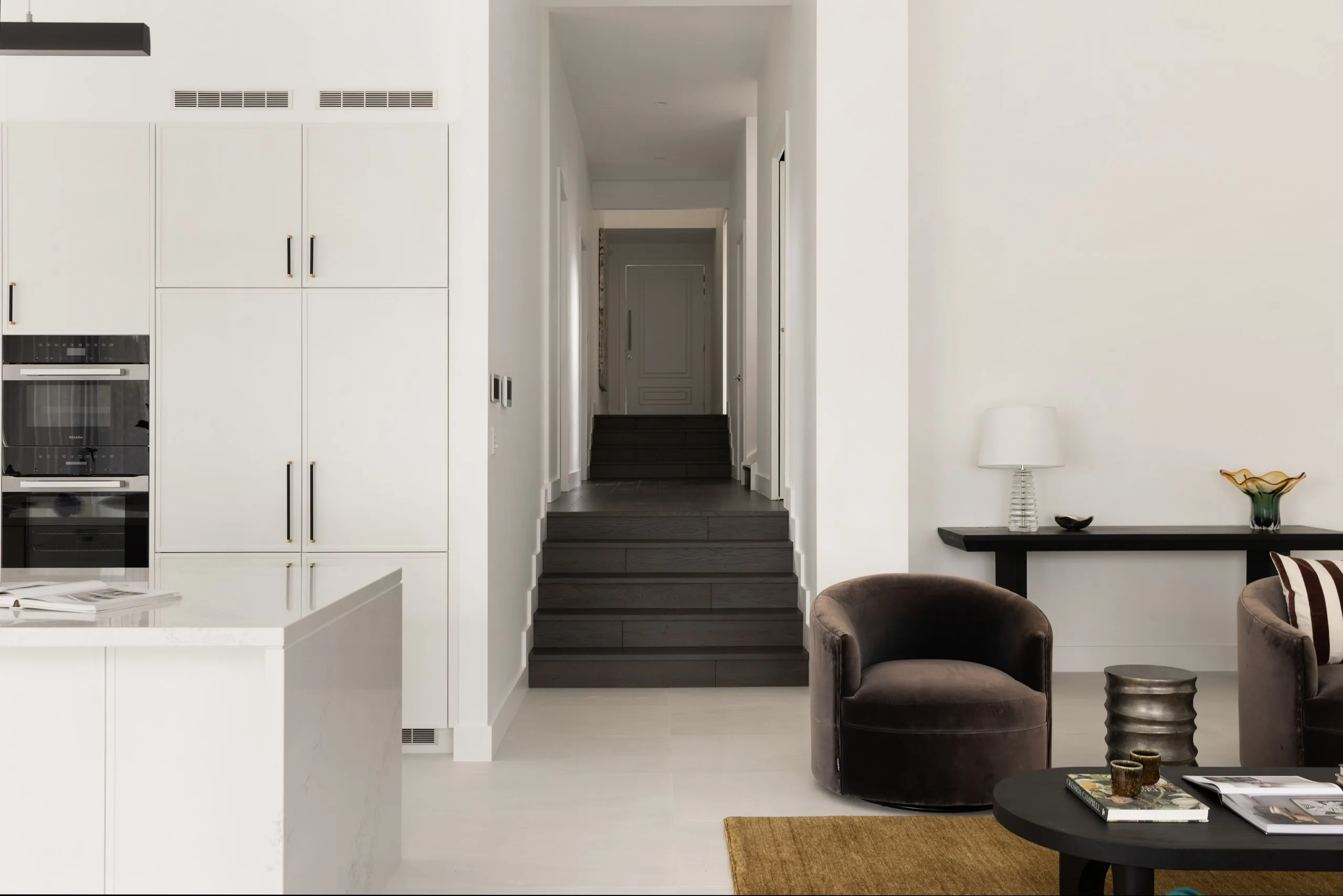 Open plan living stepping up the split level, Westleigh custom home
