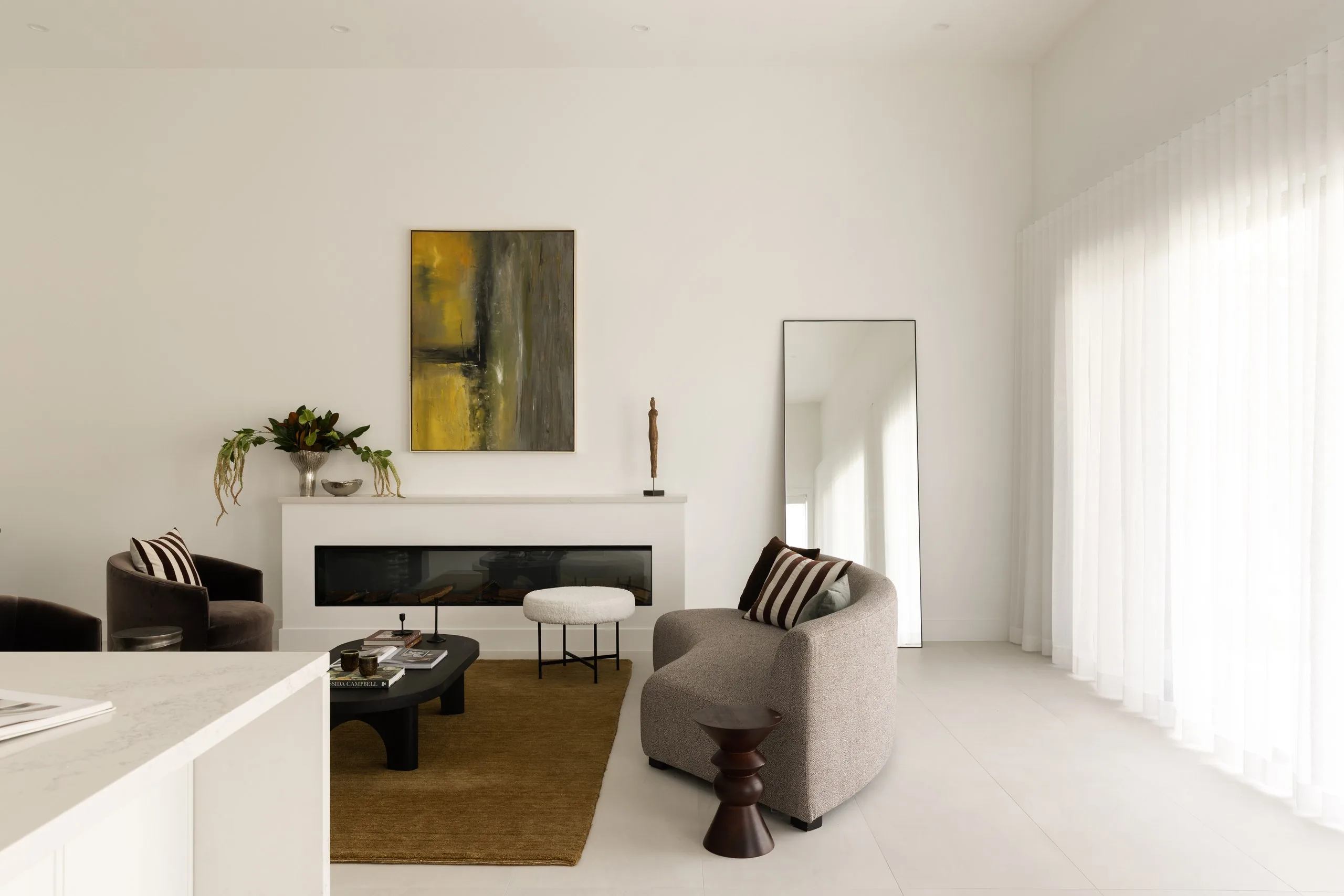 Lounge with fireplace under four metre ceilings, Westleigh