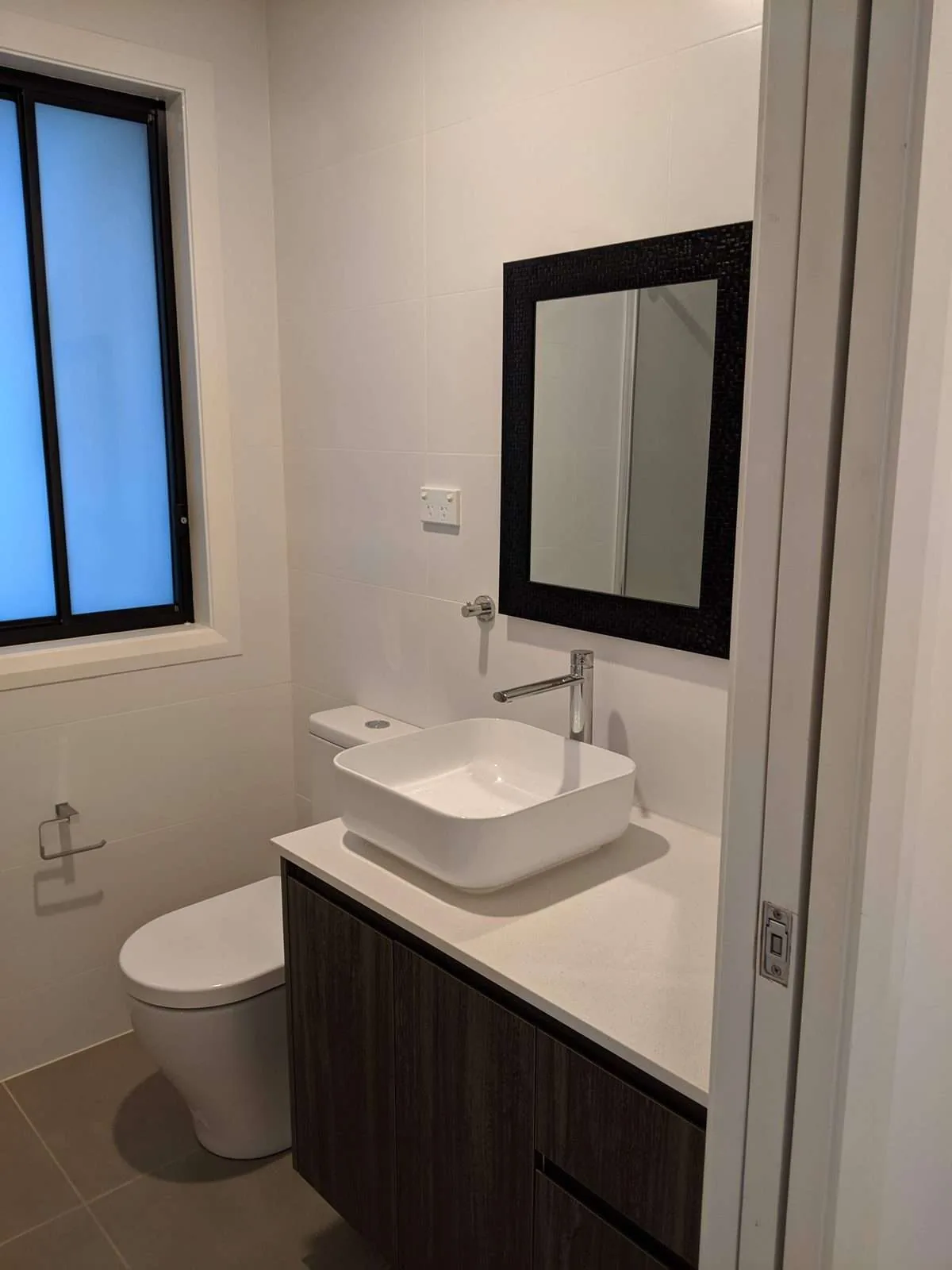 Granny flat bathroom with vessel basin and freestanding vanity, Westmead