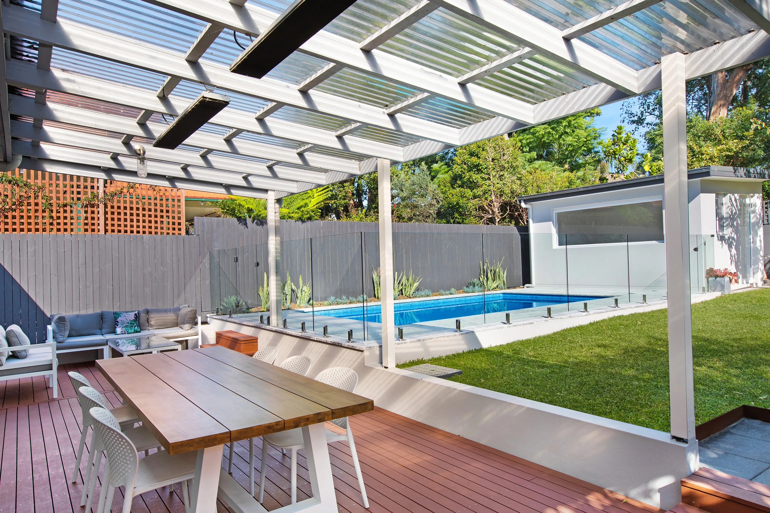 Covered alfresco overlooking the pool and converted shed, Willoughby backyard project